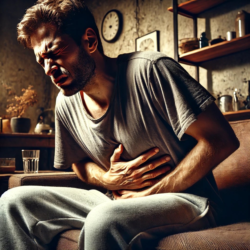 Man experiencing excruciating abdominal pain